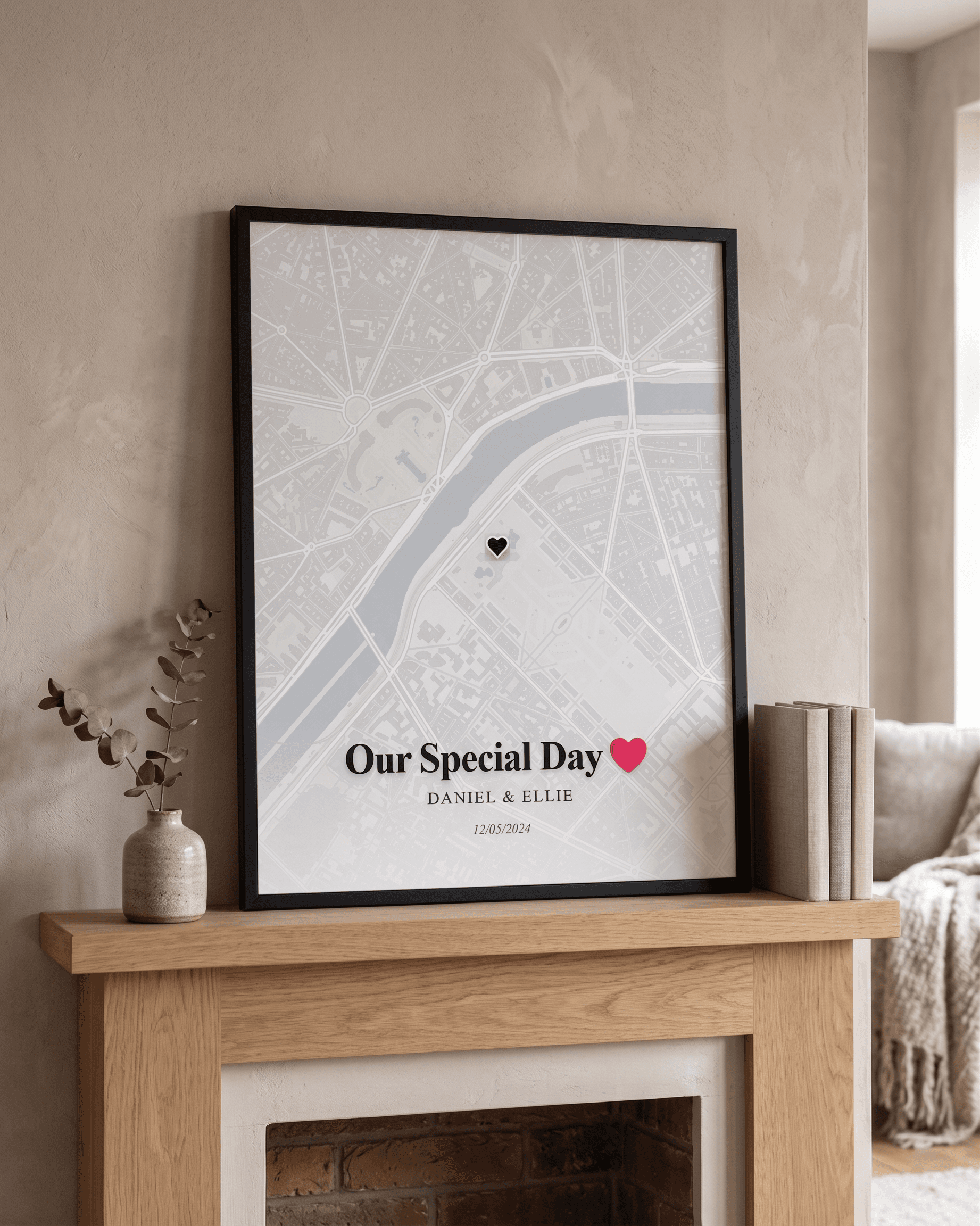 High resolution minimal map poster inside a black frame